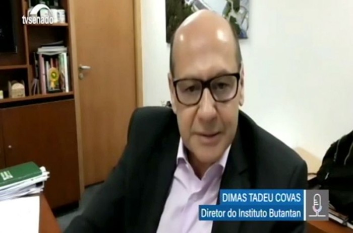 Dimas Covas em reunião remota com senadores da Comissão da Covid-19, em abril - Reprodução/Tv Senado