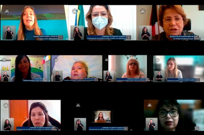 Senadoras Mara, Leila e Nilda (ao alto) com as convidadas da audiência pública remota da CDH