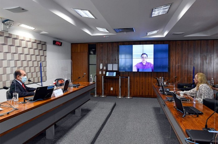 Marcelo Castro, Maria Eliza e Veneziano (no telão), que defendeu aprovação do projeto na Comissão de Educação - Roque de Sá/Agência Senado