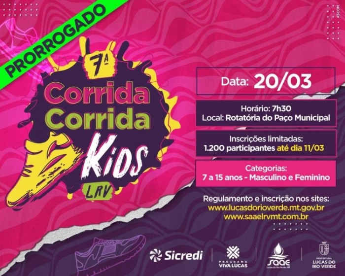 Prorrogada inscrição para a 7ª Corrida Kids de Lucas do Rio Verde