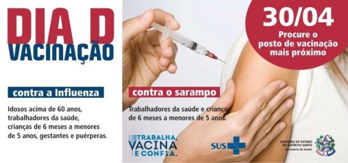 Dia D de vacinação contra Influenza e Sarampo será neste sábado (30) em todo o Estado