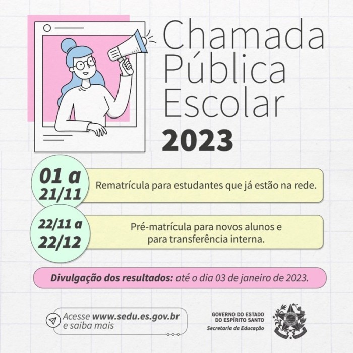 Chamada Pública Escolar 2023 da Rede Pública Estadual tem início nesta terça-feira (1º)