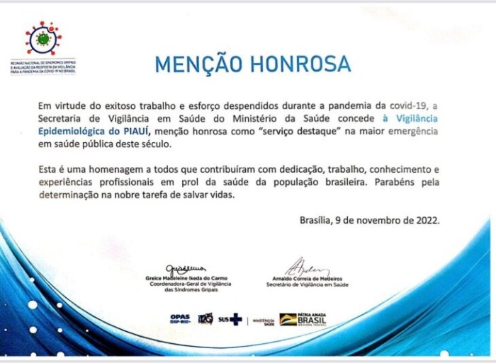 Sesapi recebe menção honrosa pelos serviços dedicados ao tratamento Covid no Piauí