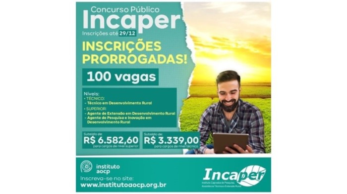 Inscrições para o concurso público do Incaper são prorrogadas