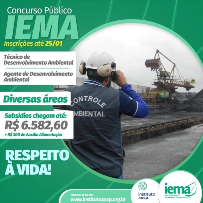 Inscrições para concurso público do Iema terminam nesta quarta-feira (25)