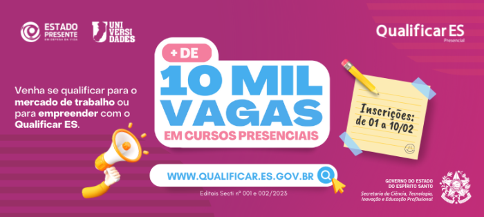 Governo do Estado abre mais de 10 mil vagas em cursos presenciais e gratuitos do Qualificar ES nesta quarta-feira (1º)