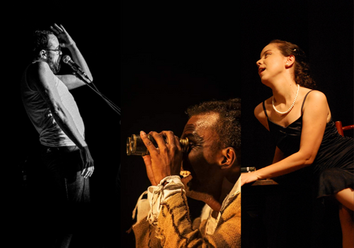 Edição CCOM Funarte - 1. Imagem “Cantigas para Ninar Insones”, na Sala Augusto Boal, Funarte SP (Crédito: Divulgação); 2. Imagem do Projeto “Teatros Negros”, na Funarte MG (Crédito: Pablo Bernardo), 3. Imagem do Espetáculo “Morre uma estrela”, no Teatro D