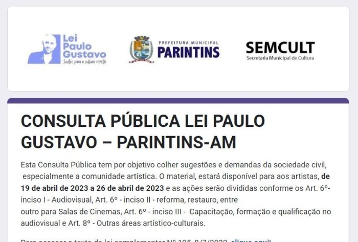 Prefeitura de Parintins abre consulta pública para aplicação da Lei Paulo Gustavo no município