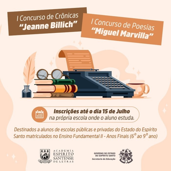 1º Concurso de Crônicas ‘Jeanne Billich’ e 1º Concurso de Poesias ‘Miguel Marvilla’: inscrições prorrogadas até sábado (15)