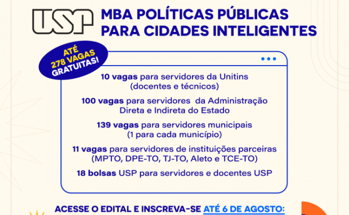 MBA em Políticas Públicas para Cidades Inteligentes da USP é ofertado gratuitamente para servidores do Tocantins