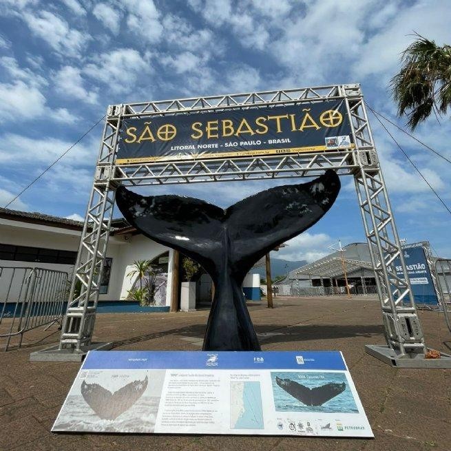 São Sebastião tem escultura com cauda de baleia jubarte instalada na Rua da Praia