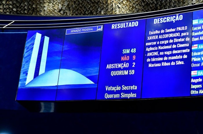 Painel mostra resultado da votação aprovando Paulo Xavier Alcoforado para a Ancine - Foto: Waldemir Barreto/Agência Senado