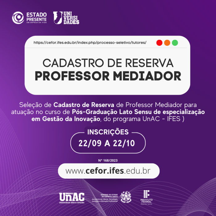 Secti e Ifes ofertam vagas para professor mediador para curso de Pós-graduação da UnAC