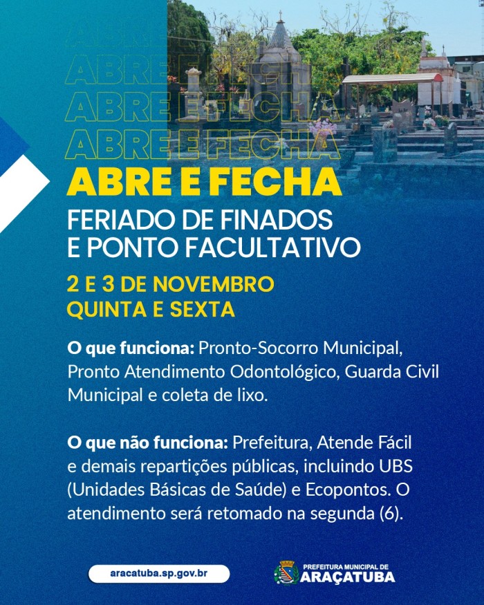 Prefeitura declara ponto facultativo na sexta-feira pós feriado de Finados