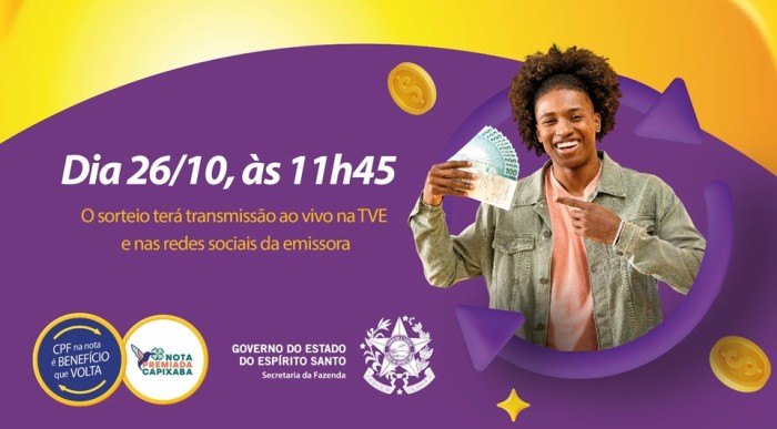 Acompanhe o sorteio de outubro do Nota Premiada Capixaba, nesta quinta-feira (26)