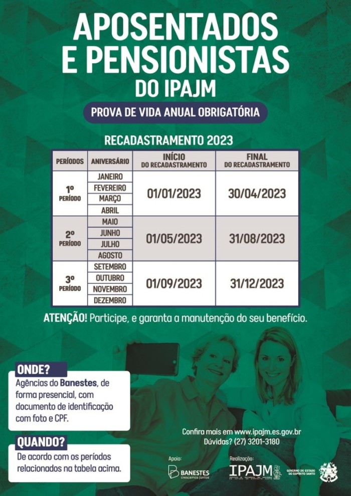 Recadastramento 2023 dos aposentados e pensionistas do IPAJM começa em janeiro
