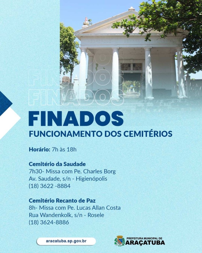 Cemitério da Saudade e Recanto de Paz terão missa de Finados