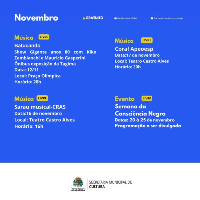 Cultura disponibiliza agenda cultural de novembro