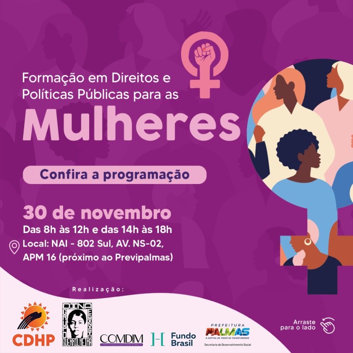 'Direitos e Políticas Públicas para as Mulheres' serão abordados durante formação no dia 30 de novembro