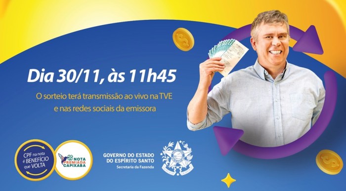 Acompanhe o sorteio do Nota Premiada Capixaba nesta quinta-feira (30), na TVE