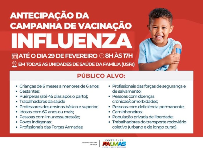 Saúde de Palmas antecipa campanha de vacinação contra influenza para grupos prioritários