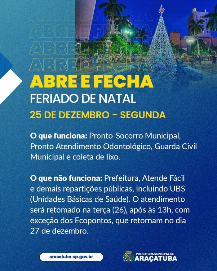 Natal e Ano Novo modificam atendimento nos órgãos municipais
