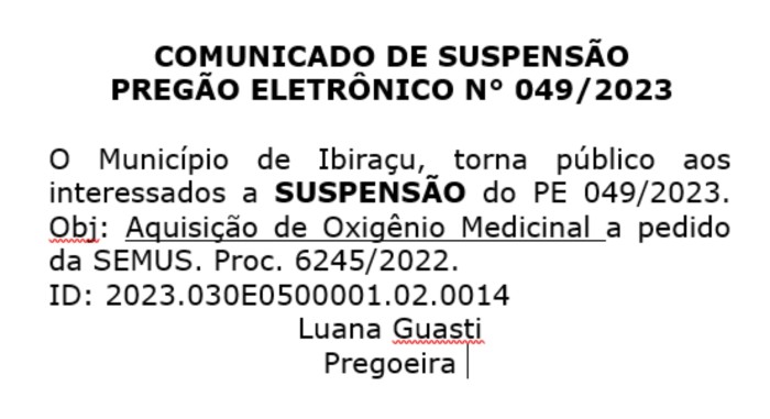 COMUNICADO DE SUSPENSÃO PREGÃO ELETRÔNICO N° 049/2023
