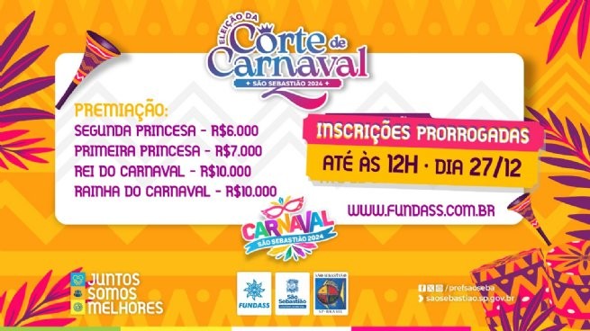 Prefeitura prorroga inscrições da Eleição da Corte do Carnaval de São Sebastião 2024