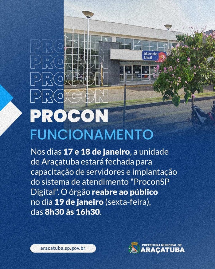 Funcionamento PROCON dias 17 e 18 de janeiro