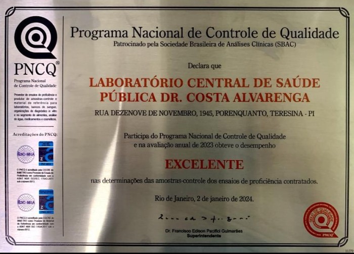 Lacen-PI recebe selo de excelência do Programa Nacional de Controle de Qualidade