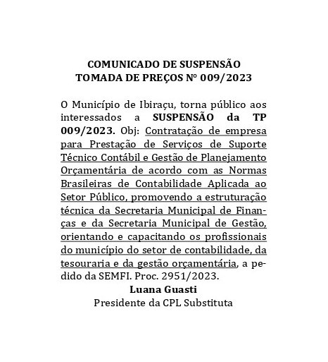 COMUNICADO DE SUSPENSÃO DA TOMADA DE PREÇOS N.º 009/2023
