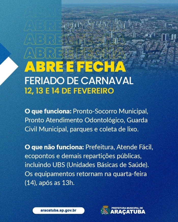 Prefeitura declara ponto facultativo entre 12 e 14 e de fevereiro