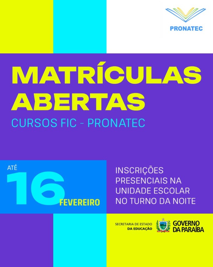 Matrículas para cursos FIC oferecidos pelo PARAIBATEC seguem até o dia 16 de fevereiro; veja oportunidades