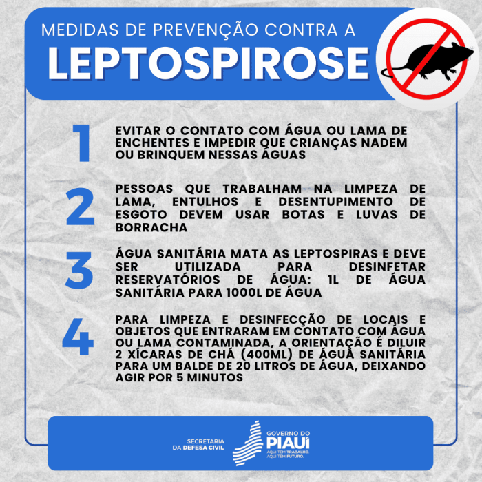 Defesa Civil do Piauí alerta para risco de leptospirose nesse período
