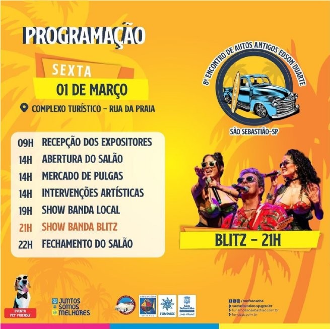 8º Encontro de Autos Antigos Edson Duarte reúne mais de 140 automóveis clássicos e shows da banda Blitz, The Fevers e Luana Camarah na Rua da Praia