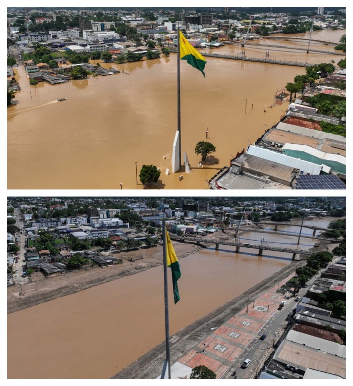 Fotos mostram antes e depois do Rio Acre após atingir segunda maior cota da história na capital