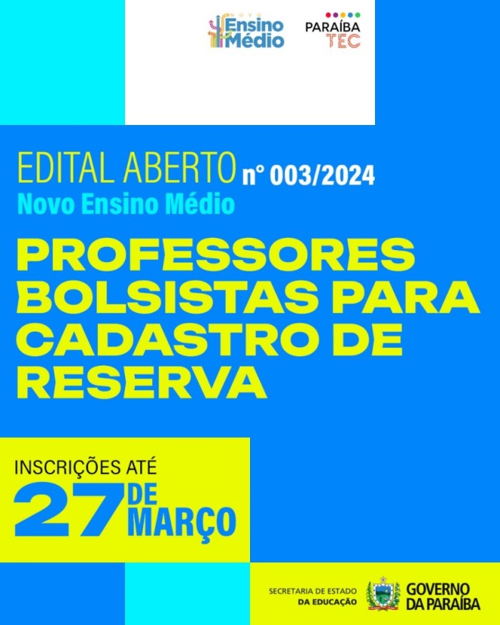 ParaíbaTec: Secretaria de Educação da Paraíba lança edital para seleção de professores bolsistas