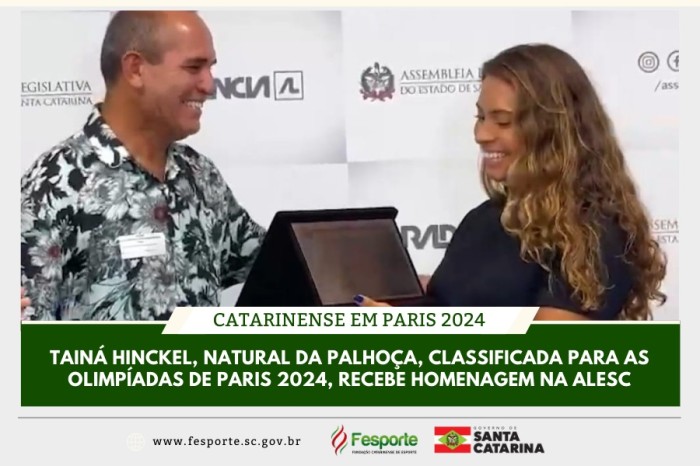 Catarinense Tainá Hinckel que vai competir no surfe nas Olimpíadas de Paris recebe homenagem na Alesc