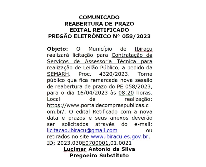 COMUNICADO REABERTURA DE PRAZO EDITAL RETIFICADO PREGÃO ELETÔNICO N° 058/2023