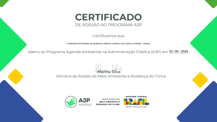 Cidasc adere à Agenda Ambiental para a Administração Pública do Ministério do Meio Ambiente e Mudança de Clima