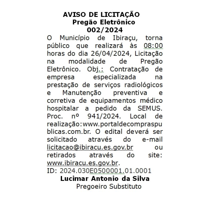 Aviso de licitação: Pregão Eletrônico - 002/2024