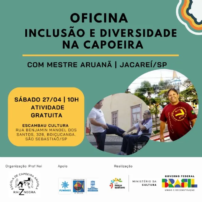 Oficina gratuita em Boiçucanga recebe Mestre Aruanã para promover acessibilidade na capoeira
