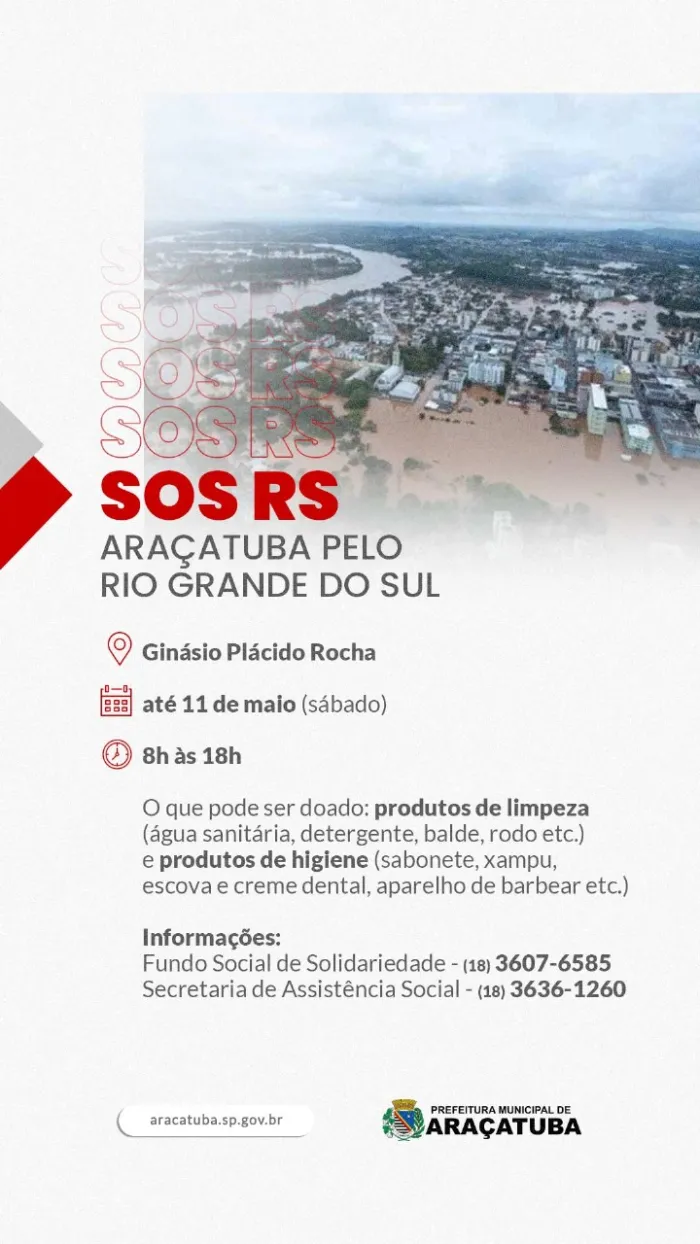 Prefeitura e Fundo Social arrecadam doações para Rio Grande do Sul no ginásio Plácido Rocha