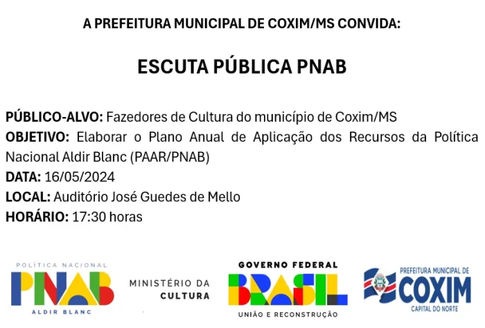 Coxim chama artistas para planejar o futuro cultural na ‘Escuta Pública PNAB’