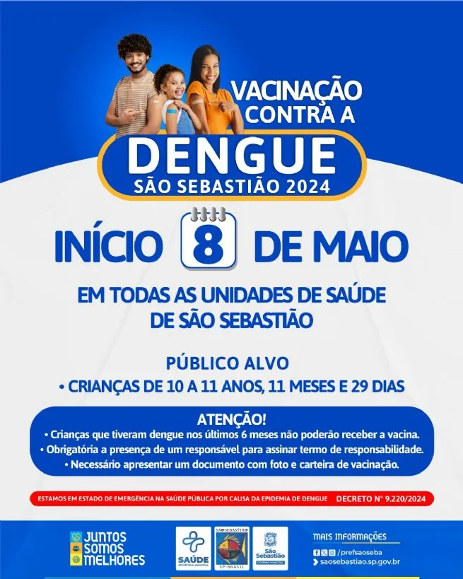 Prefeitura de São Sebastião vacina crianças de 10 a 11 anos contra a dengue a partir desta quarta-feira