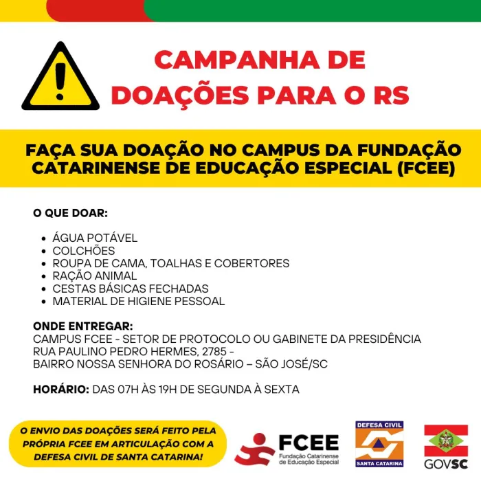 FCEE recebe doações para o Rio Grande do Sul até a próxima quarta-feira