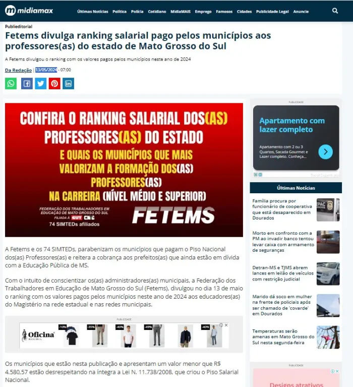 Coxim está entre os municípios que mais valoriza os professores em Mato Grosso do Sul