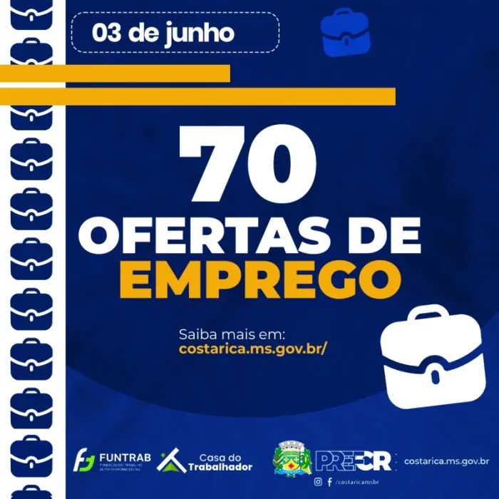 Semana começa com 70 vagas de emprego na Casa do Trabalhador de Costa Rica