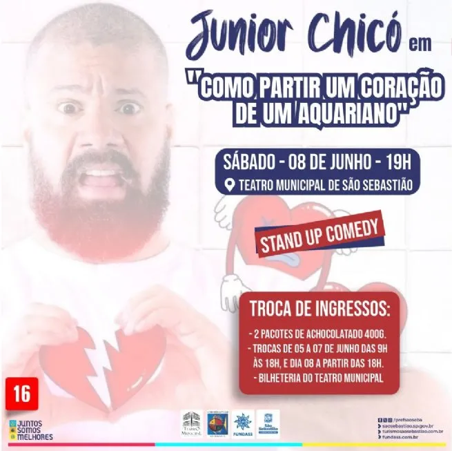 Comediante Junior Chicó apresenta stand up comedy no Teatro Municipal de São Sebastião