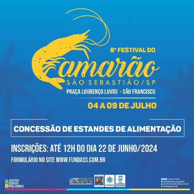 Prefeitura de São Sebastião abre inscrições para concessão de estandes na 8ª edição do Festival do Camarão